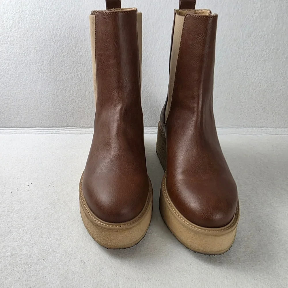 Novacas Womens 39 Vegan Chelsea Boots Brown Platform Wedge Made Portugal